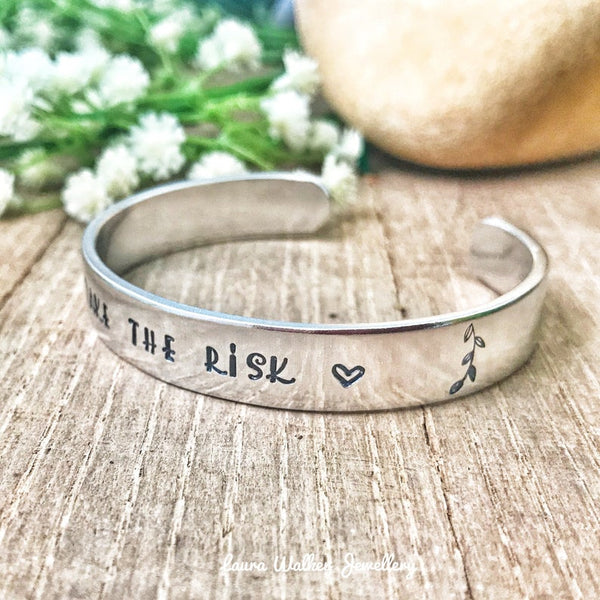 Personalised Cuff, Stamped Message Bangle, Inspirational Bracelet, Take the Risk